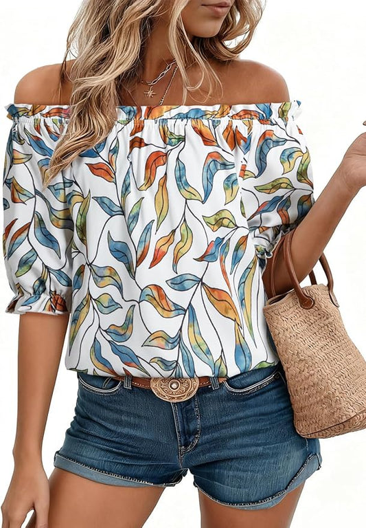 EVALESS Womens Tops Off The Shoulder Blouses for Women Dressy Casual Cute Puff Sleeve T Shirts Fashion 2026 by EVALESS