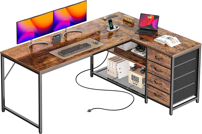 PRAISUN 53" L Shaped Desk with Power Outlets & USB-C Port, Reversible Computer Corner Office Desk with 4 Fabric Drawers and 2 Storage Shelves, Large Desk for Gaming Writing Work Study, Rustic Brown by PRAISUN