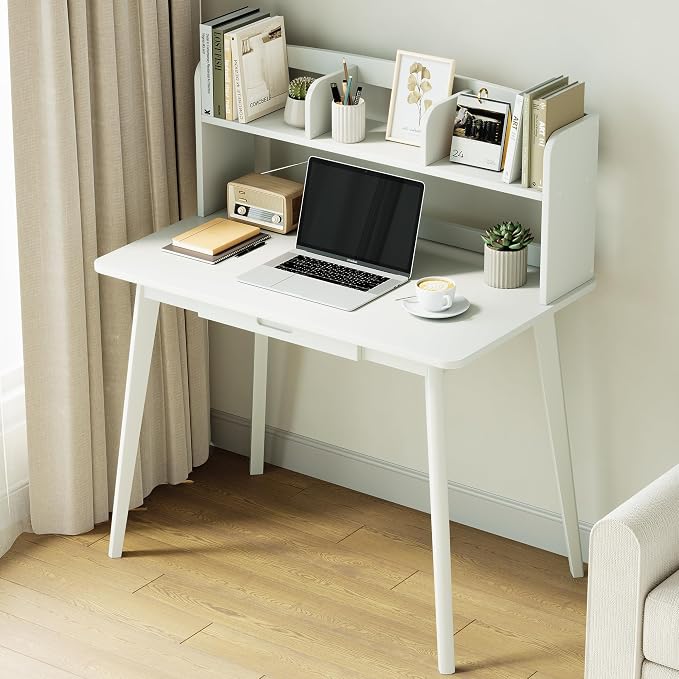 IOTXY Small Writing Desk with Hutch - 39.4" Work Computer Study Table | White , Storage Drawer, Space-saving for Home and Office, with Bookshelves by IOTXY