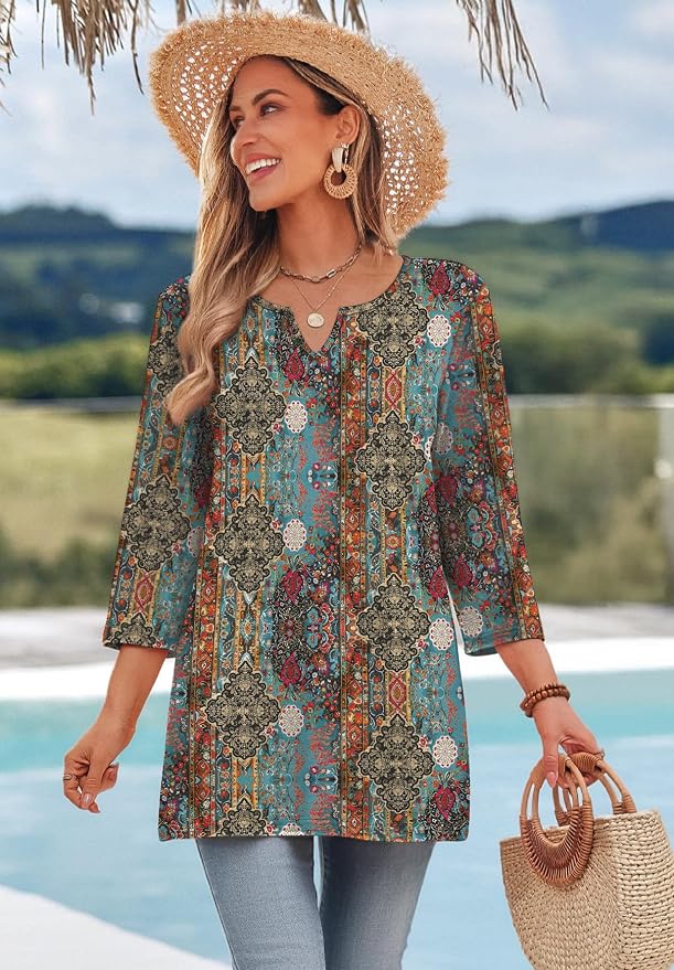 OFEEFAN Summer Boho Tops For Women 3/4 Length Sleeve Womens Tops Vacation Outfits - Image 3