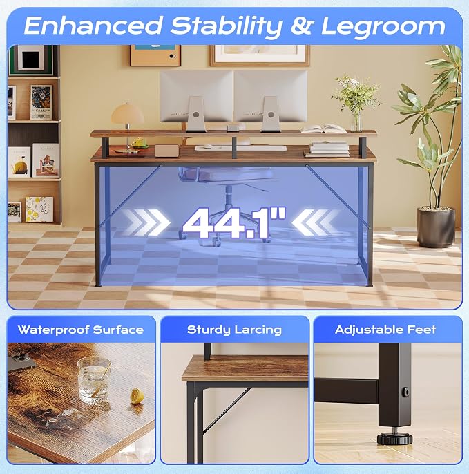 PRAISUN 48 inch Gaming Desk, LED & Outlets, Monitor Stand, Rustic Brown | Sturdy PC Desk for Home Office, Study & Work, LED Lights, 4 AC Outlets & USB-C Charging Station - Image 8