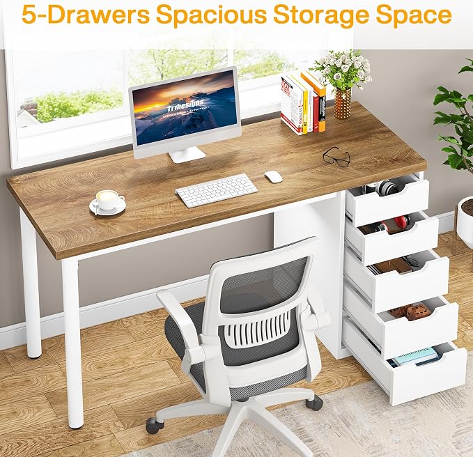 Tribesigns Computer Desk with 5 Drawers, 47 inches Rustic Brown Home Office Desk with Storage, Modern Simple Laptop Desk Study Writing Table for Small Spaces (1, Walnut+White) - Image 5