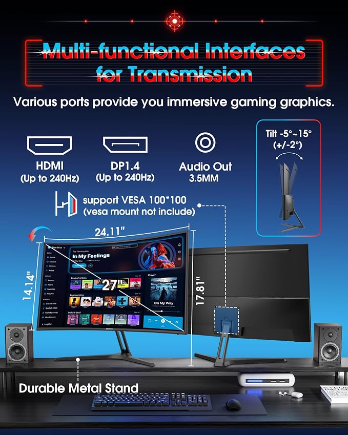 SANSUI 27 Inch Curved 240Hz Gaming Monitor FHD 1080P, 1500R Curve Computer Monitor, 130% sRGB, 4000:1 Contrast, HDR, FreeSync, MPRT 1Ms, Low Blue Light, HDMI DP Ports, Metal Stand, Cable Incl. - Image 9