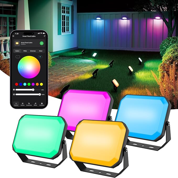 BrizLabs Orange Purple Halloween Outdoor Flood Lights 4 Pack Color Changing | App/Voice Controlled; RGBCW; WiFi Smart Landscape Lighting; LED Floodlights for Fall Autumn Xmas Garden Yard Lawn Pathway by BrizLabs