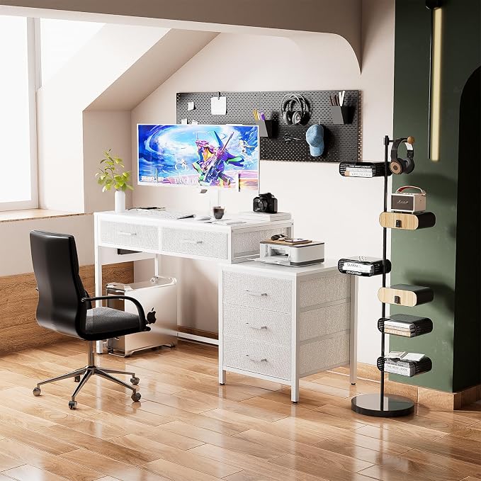 Unikito Reversible Computer Desk with 5 Drawers, Sturdy Office Desk with Power Outlets and USB Ports, Study Writing Table with File Cabinet & Printer Stand, Vanity Desk with Storage, White - Image 7