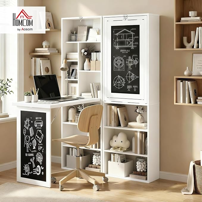 HOMCOM Foldable Convertible Writing Table Space-Saving Computer Desk White | Wall Mounted Design, Chalkboard, Storage Shelves, for Small Spaces, Home Office, Bedroom, Dorm, Apartment - Image 2