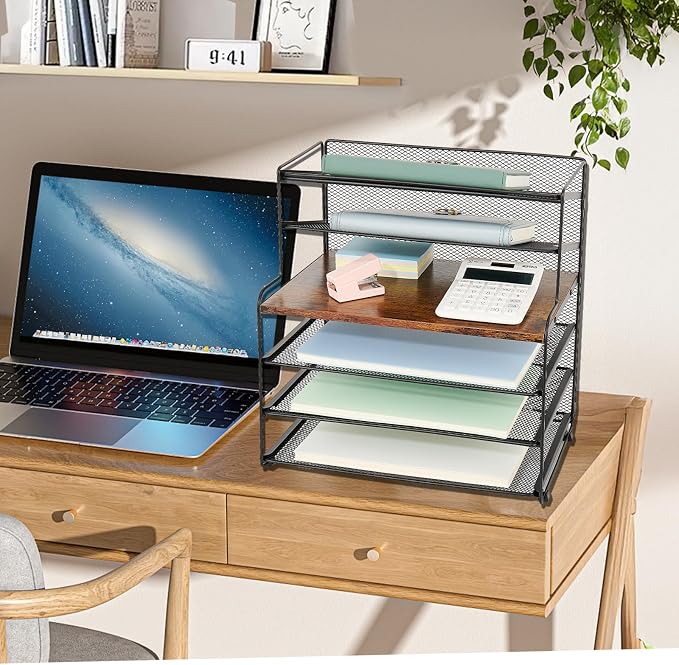 OPNICE 6-Tier Letter Tray Paper Organizer, Desk Organizers and Accessories, Desktop File Organizer, Office Desk Accessories for Office Supplies (Wood Brown) - Image 3