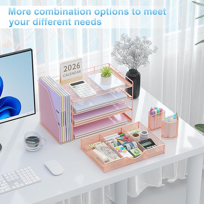 gianotter Desk Organizers and Accessories with File Holder, 4-Tier Desk Accessories & Workspace Organizers with Drawer and 2 Pen Holder, Paper Organizer for Office Supplies (Rose Gold) - Image 3