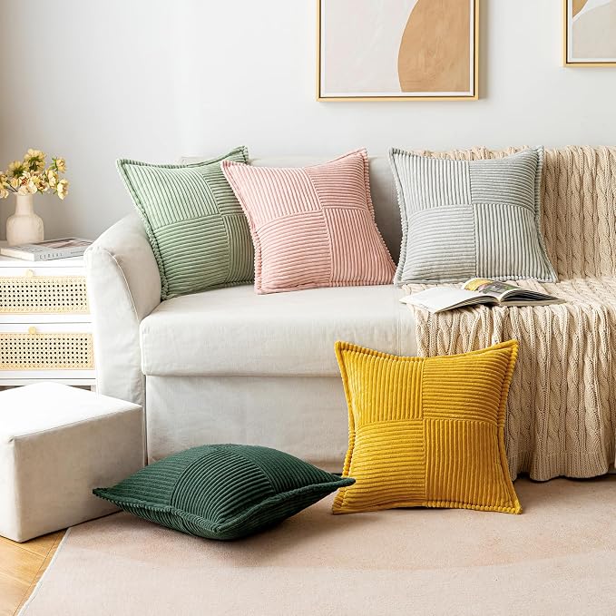 MIULEE Decorative Throw Pillow Covers for Couch Bed Livingroom 18x18 Inch Set of 2 Dark Green Boho Accent Throw Pllows Broadside Striped Patchwork Soft Corduroy Pillowcases - Image 3