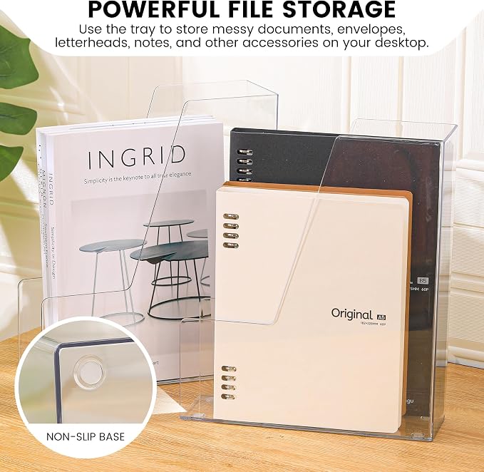 CiWiVOKi Vertical File Holder, PET Desk Organizer, Multi-purpose Plastic Document Storage Bins for Magazines, Binders, Notebooks, Envelopes, 2 Pack - Image 5