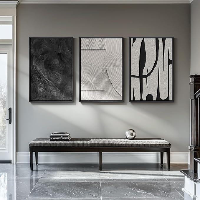 Large 3D Textured Framed Black and White Abstract Wall Art for Living Room, 3 Piece Modern Artwork for Walls, Minimalist Black White Texture Paintings for Hallway Office Wall Decor 24x36 In - Image 5