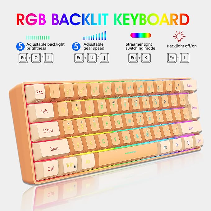 Snpurdiri 60% Wired Gaming Keyboard, RGB Backlit Ultra-Compact Mini Gaming Keyboard for PC/Mac Gamer, Typist, Travel (Cream and Orange) | Backlit Ultra-Compact Mini Gaming Keyboard for PC/Mac Gamer, Typist, Travel - Image 4