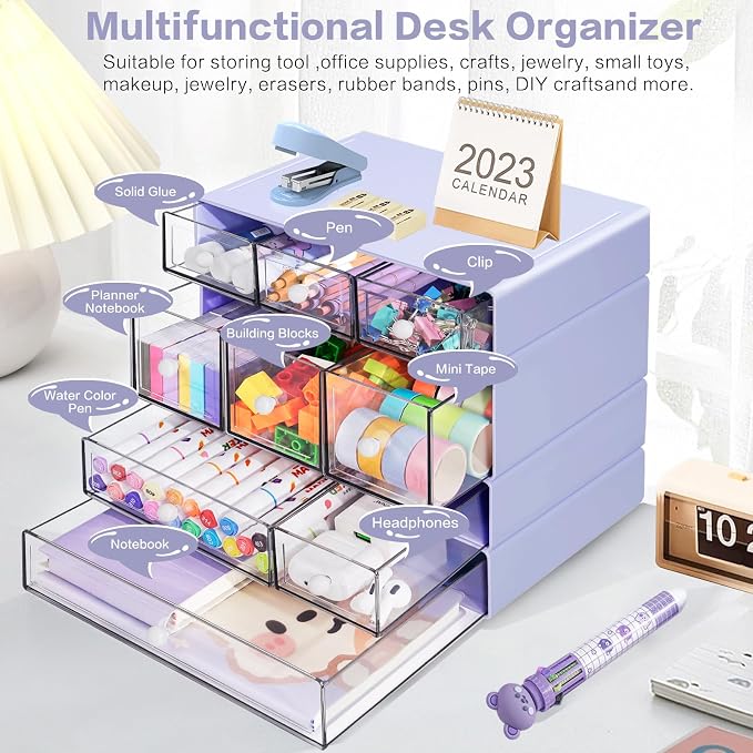 Desk Storage Organizer with 9 Drawers, 4 Tiers Stackable Desktop Craft Storage Drawers, Clear Storage Box Caddy for Stationary Makeup Jewelry Office Craft Supplies (Purple) - Image 5