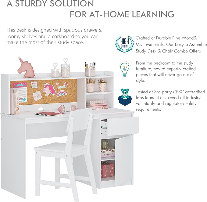 UTEX Wooden Kids Desk and Chair Set with Hutch and Storage for Ages 5-12 | Kids Study Table with Cork Bulletin Board, School Desk, Multi-Zone Storage, Water-based Paint Finish for Study Room - Image 6