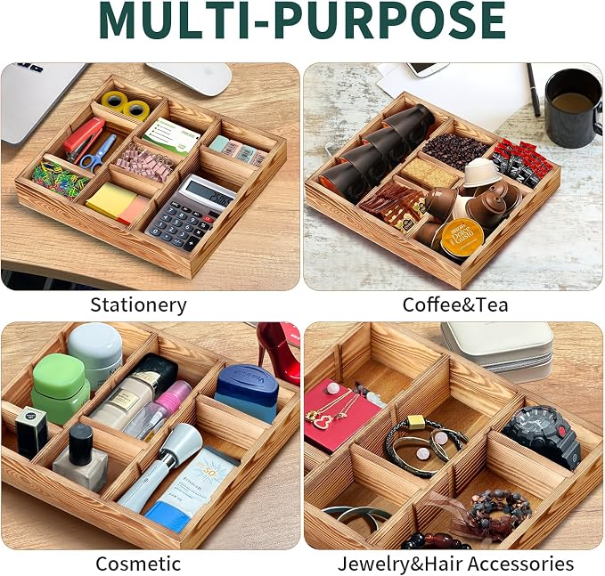 Wooden Desk Drawer Organizer | 9-Slot Desktop Tray | Adjustable Drawer Storage Box for Pens, Keys, Watch, Sticky Notes | Farmhouse Home&Office Decor - Image 4