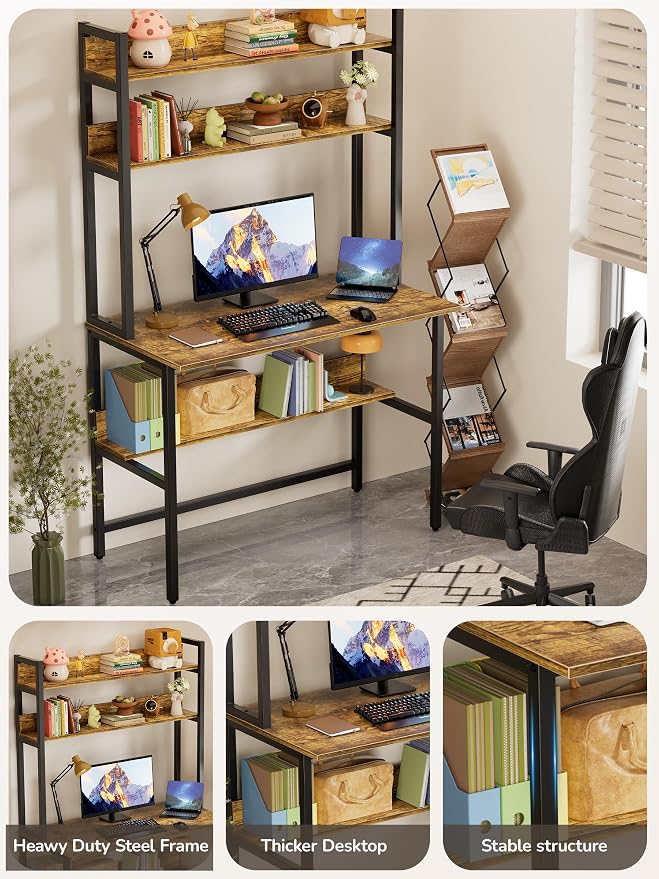Aquzee Computer Desk with Hutch, 40“W x 19.6" D Desk with Shelves, Tall Home Office Desk with Bookshelf, Metal Legs Study Table with Upper Storage Shelf for Study Writing/Workstation, Brown - Image 5
