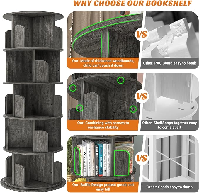 Aheaplus Rotating Bookshelf, 360 Display Wood Spinning Bookshelf Tower, 5 Tier Floor Standing Bookcase Storage Rack, Revolving Bookcase Corner Bookshelf for Small Space, Bedroom, Study Room,Black Oak - Image 7
