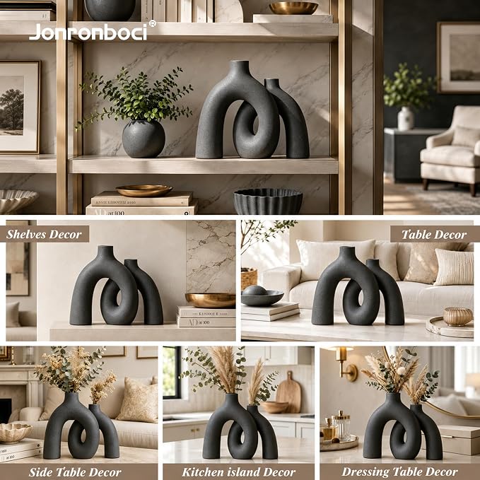 Hug Donut Decorative Vase Set - Dark Gray Modern Minimalism Industrial Style Vases Home Decor, Matte Ceramic Decorations for Living Room Shelf, Bookshelf Mantle Entryway Table or Console Décor(Gray) - Image 7