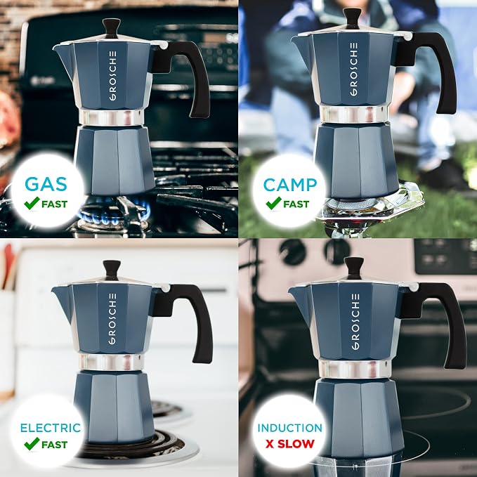 GROSCHE Milano Stovetop Espresso Maker Moka Pot 9 Espresso Cup, 15.2 oz, Blue. Stove top Coffee Maker Moka Italian Espresso greca Coffee Maker Brewer Percolator | Cuban Coffee Maker And Italian Moka Pot For Stovetop Espresso; For Gas, Electric, And Pro... - Image 9