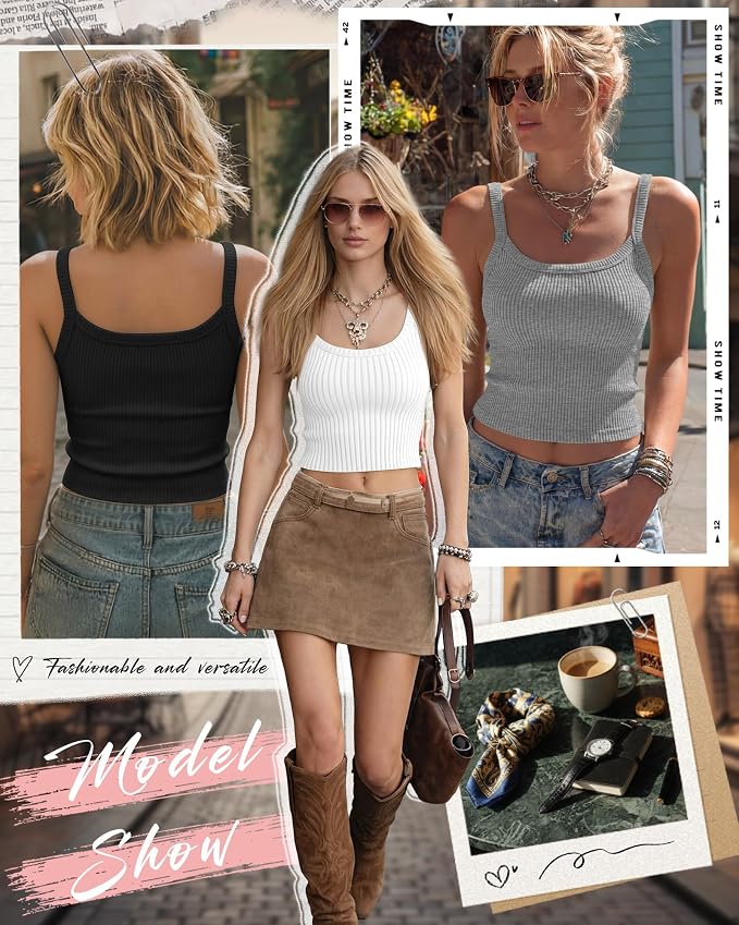 Ficerd 3 Pack Women's Tank Tops 95% Cotton Spaghetti Strap Ribbed Crop Camisole Slim Fitted Basic Summer Sleeveless Layer - Image 3