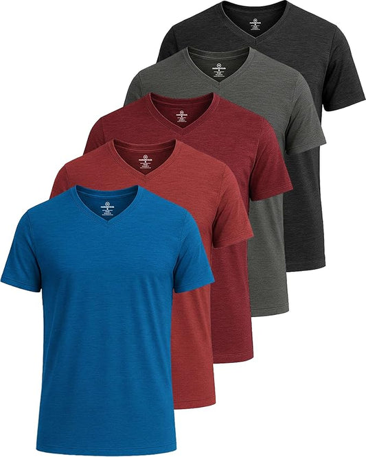 5 Pack Men's Dry Fit V Neck Gym Workout T Shirts Athletic Moisture Wicking | Cooling, Quick Dry, Breathable, Short Sleeve, Exercise, Cycling, Sports, Outdoor, Fitness, Golf, Crossfit, Hiking, Tennis by RealEssentials