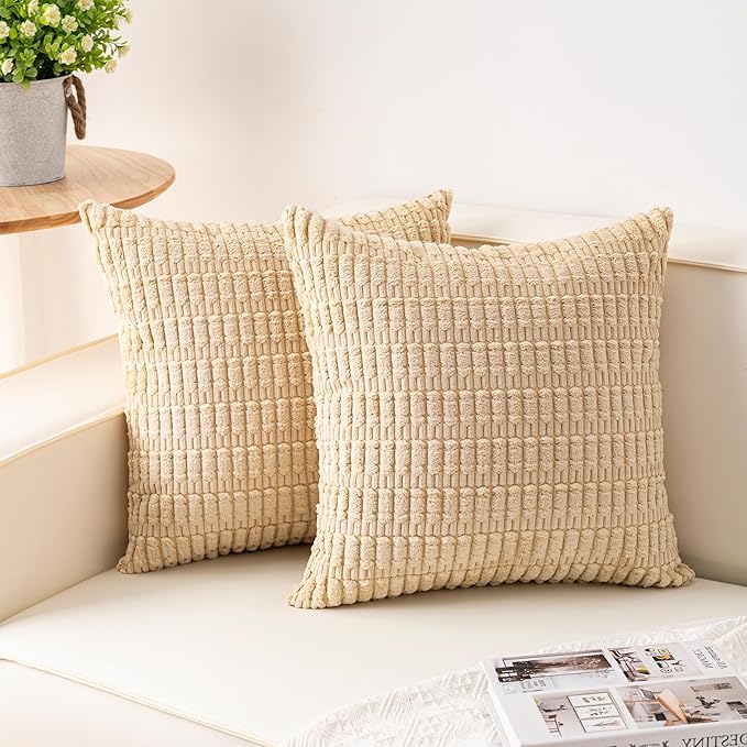Aegero Pack of 2 Corduroy Decorative Throw Pillow Covers 18x18 InchSoft Boho Striped Pillow Covers Modern Farmhouse Home Decor for Sofa Living Room Couch Bed(Beige) by Unknown