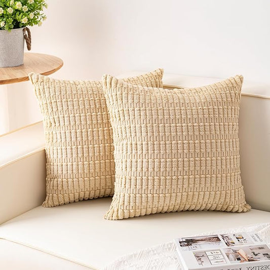 Aegero Pack of 2 Corduroy Decorative Throw Pillow Covers 18x18 InchSoft Boho Striped Pillow Covers Modern Farmhouse Home Decor for Sofa Living Room Couch Bed(Beige) by Unknown