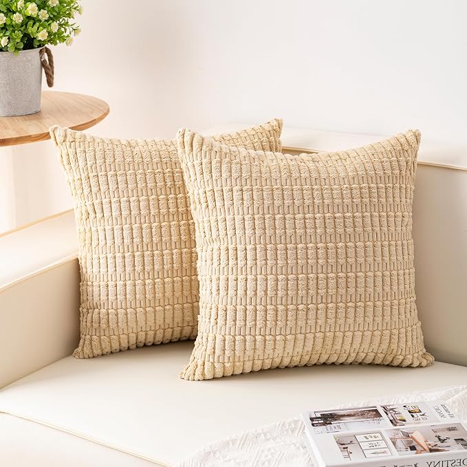 Aegero Pack of 2 Corduroy Decorative Throw Pillow Covers 22x22 Inch Soft Striped Pillow Covers Modern Farmhouse Home Decor for Sofa Living Room Couch Bed（Beige） by Unknown