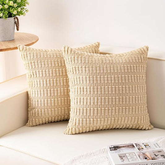 Aegero Pack of 2 Corduroy Decorative Throw Pillow Covers 22x22 Inch Soft Striped Pillow Covers Modern Farmhouse Home Decor for Sofa Living Room Couch Bed（Beige） by Unknown