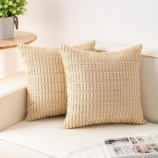 Aegero Pack of 2 Corduroy Decorative Throw Pillow Covers 26x26 InchSoft Striped Pillow Covers Modern Farmhouse Home Decor for Sofa Living Room Couch Bed（Beige） by Unknown