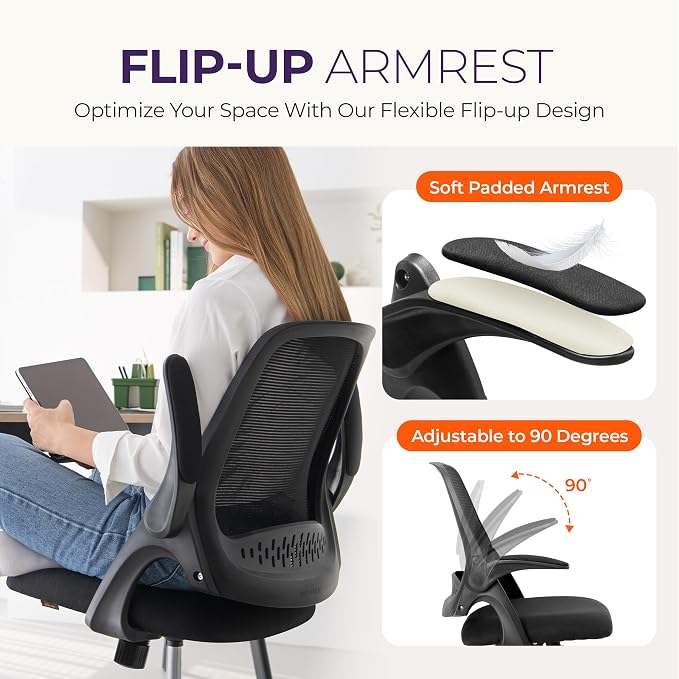 NEO CHAIR Office Desk Chair Computer Gaming Ergonomic Lumbar Back Support with Flip-up Padded Armrest Adjustable Height and Wheels for Home Vanity Bedroom Study (All Black) | Lumbar Support, Height Adjustment, 360° Swivel and Rolling Base, Space-Saving... - Image 6