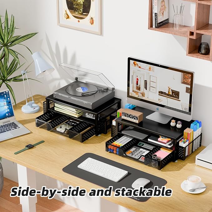 Simple Trending 2-Tier Monitor Stand Riser, Drawer & 2 Pen Holders, Black | Sturdy Material, Anti‑Slip Pads, Ergonomic Support, Space Saving, Easy Setup - Image 2