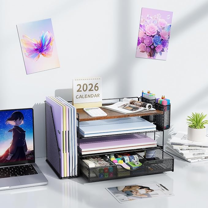 gianotter Desk Organizers and Accessories with File Holder, 4-Tier Desk Accessories & Workspace Organizers with Drawer and 2 Pen Holder, Paper Organizer for Office Supplies (Wood) - Image 7