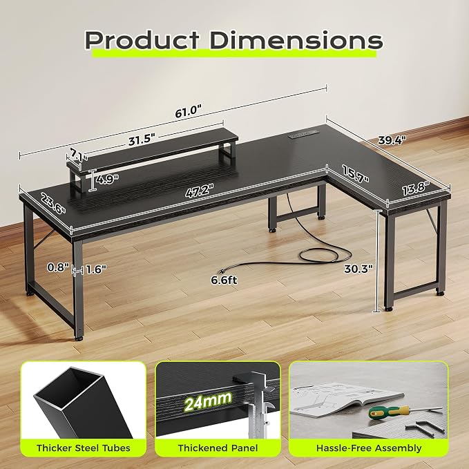 PRAISUN 61" L Shaped Computer Desk, Power Outlets, Monitor Stand, Black | USB-C Ports, Reversible Charging Station, Spacious Desktop & Legroom, 0.94 Inch Thick Desktop, for Gaming, Study & Work - Image 3