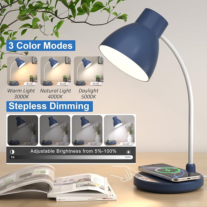 LED Desk Lamp for Home Office with Wireless Charger, Navy Blue | 3 Color Modes Dimmable Eye-Caring Study Reading Dorm Desk Lamp, 360° Flexible Arm Table Lamp for College Dorm Room, 800 Lumen - Image 3