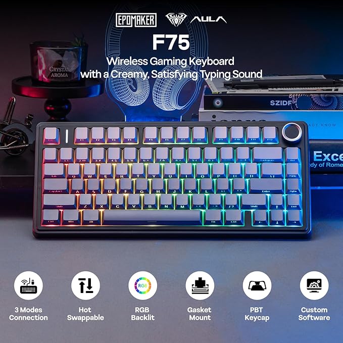 EPOMAKER x Aula F75 Gasket Mechanical Keyboard, 75% Wireless Hot Swappable Gaming Keyboard with Five-Layer Padding&Knob, BT/2.4GHz/USB-C, RGB (Black Gradient, LEOBOG Reaper Switch) - Image 2