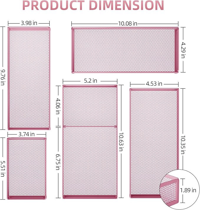 Marbrasse 5 Pack Desk Drawer Organizer Set, Mesh Drawer Storage Trays with 1 Adjustable Divider, Desk Organizers and Accessories, 5 PCS Drawer for Office Supplies, Makeup & Vanity (Pink) - Image 2