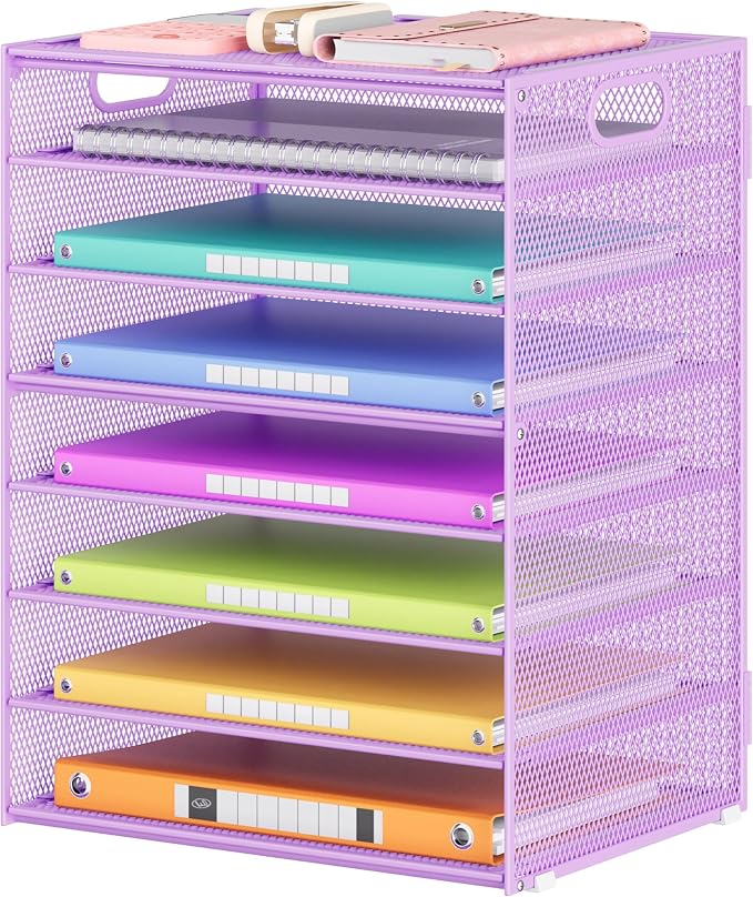 Lavatino 8-Tier Office Desk File Organizer, Letter Tray Paper Organizer with Handle, Including 5 Adjustable Slide Trays for Organizing Desktop Workspace Accessories and Supplies (Purple Metal Mesh) by Lavatino