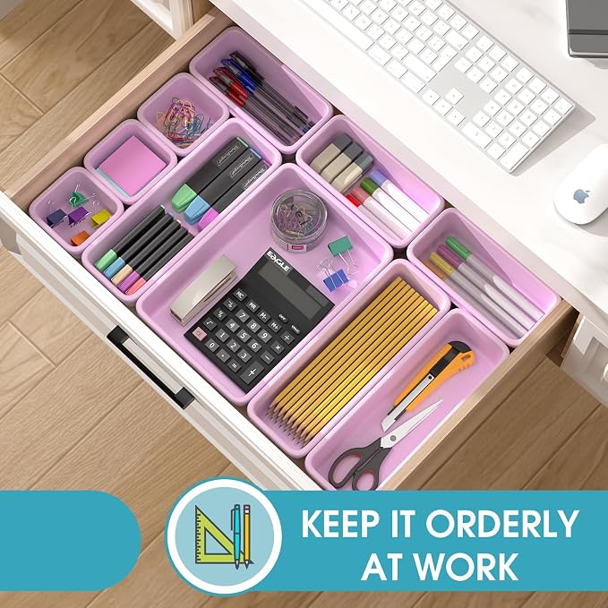 33 PCS Drawer Organizer Set, 4 Size Makeup Drawer Divider Organizer With Non-Slip Pads, Interlocking Plastic Storage Bins for Office,Jewelry Vanity,Gadgets, Bathroom,Kitchen, Purple - Image 4