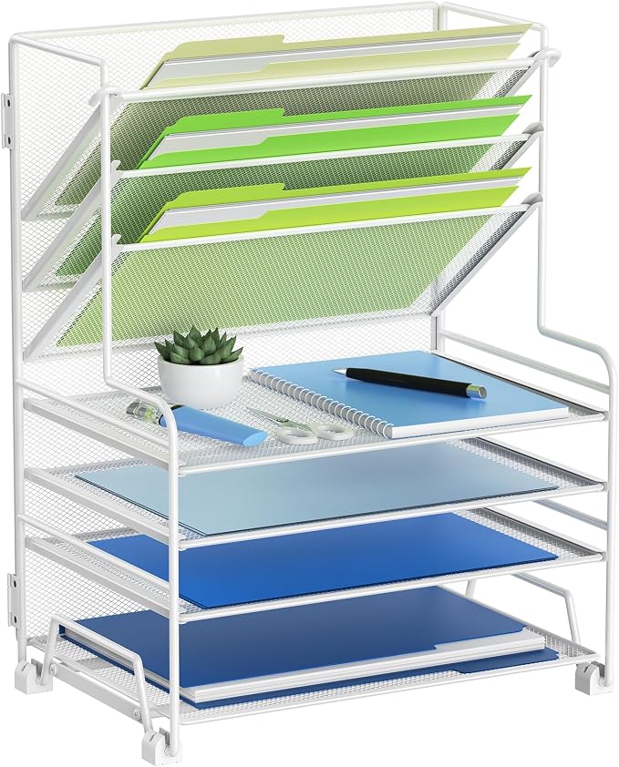 MINDEPOT 4-Tier Paper Organizer + 3-Pocket File Holder + Drawer + Pen Holders, Desktop File Organizers Paper Tray for Office Supplies School Classroom Organization (White, no Drawer & Pen Holder) by MINDEPOT