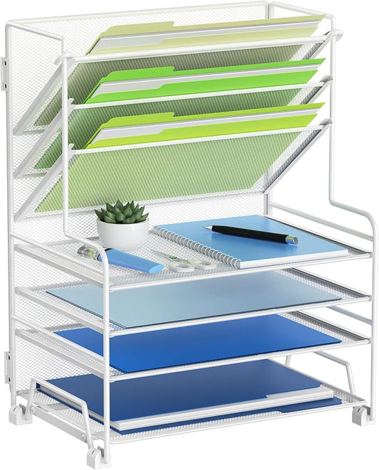 MINDEPOT 4-Tier Paper Organizer + 3-Pocket File Holder + Drawer + Pen Holders, Desktop File Organizers Paper Tray for Office Supplies School Classroom Organization (White, no Drawer & Pen Holder) by MINDEPOT