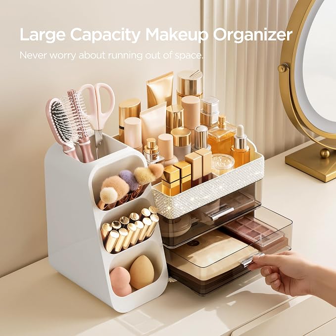 HBlife Makeup Organizer with Brush Holder for Vanity, Large Plastic Bathroom Countertop Organizer Skin Care Storage, Easy to Store Lipsticks, Nail Polishes, Perfumes, Eyeshadow Palettes, Pearl White - Image 4
