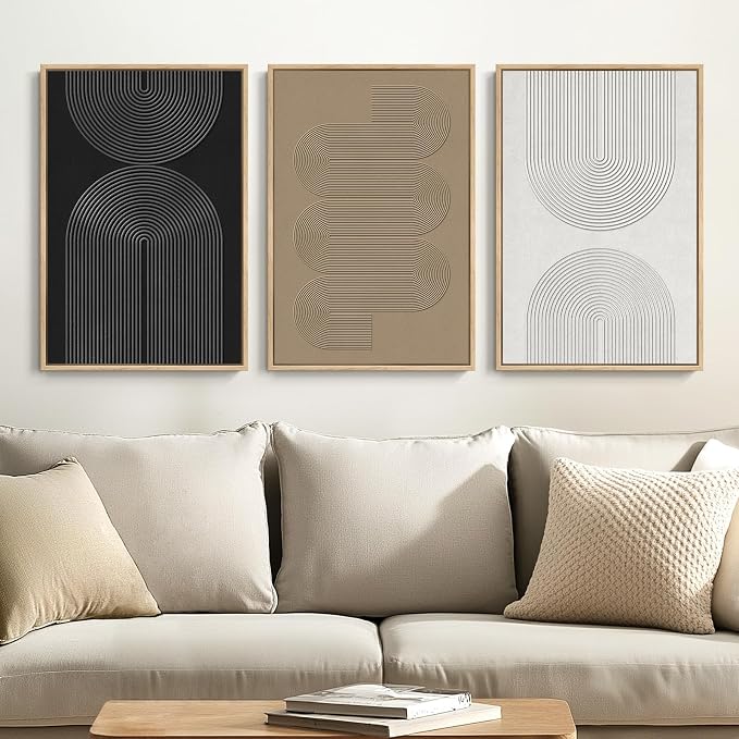Framed Black and White Brown Abstract Wall Art, 3 Piece Boho Geometric Canvas Prints Paintings Artwork for Walls, Modern Minimalist Neutral Pictures for Living Room Dining Room Bedroom Wall Decor 16x24 In by Cuspin