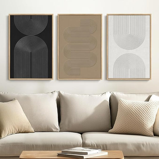 Framed Black and White Brown Abstract Wall Art, 3 Piece Boho Geometric Canvas Prints Paintings Artwork for Walls, Modern Minimalist Neutral Pictures for Living Room Dining Room Bedroom Wall Decor 16x24 In by Cuspin