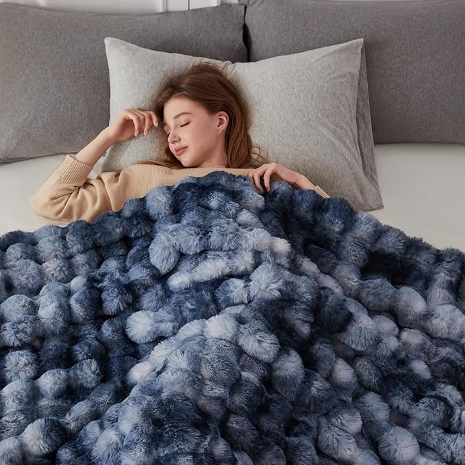 COOVA Faux Fur Throw Blanket for Couch, Cozy Soft and Fuzzy Plush Rabbit Fur Bubble Blanket for Sofa Bedroom Living Room, 60x80 Inches Tie Dye Light Blue - Image 3