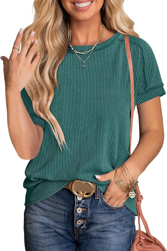 ANRABESS Womens Short Sleeve Crewneck Shirts Ribbed Knit High Low Hem T Shirt 2026 Summer Spring Casual Tops Trendy Clothes by ANRABESS