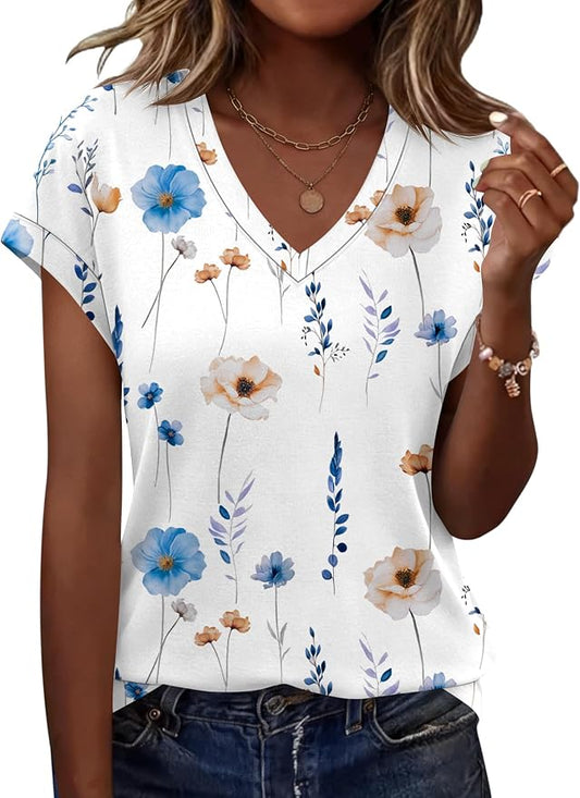 Rapbin Womens Summer Tops Women Blouses Dressy Casual V Neck T Shirts Short Sleeve Spring Tops for Women by RAPBIN