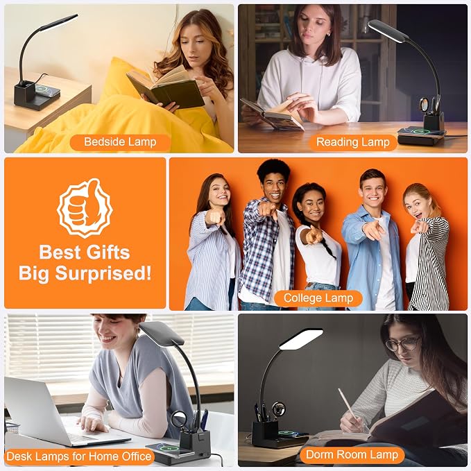 Wireless Charging Desk Lamp USB Charging & Pen Holder, Matte Black | CRI 95, 800LM, Stepless Dimming, 3 Modes, 360°Flexible Arm, Touch, Study Table Lamp for Home Office, Dorm Room, with Adapter - Image 7