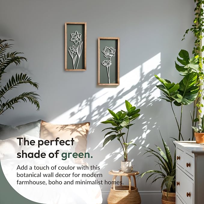 3D Floral Green Wall Art (Set of 2) Lightweight, Wooden Ready-to-Hang Boho Framed Wall Art for Bathroom, Bedroom, Living Room or Office – Premium Sage Green Farmhouse Decor – Gift-Boxed - Image 9