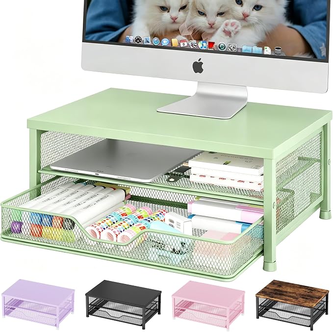 OPNICE Computer Monitor Stand Riser, Desk Organizer with Drawer, Printer & Laptop Stand, Office Desk Accessories & Workspace Desktop Organizers Storage for Office Supplies(Green) by OPNICE